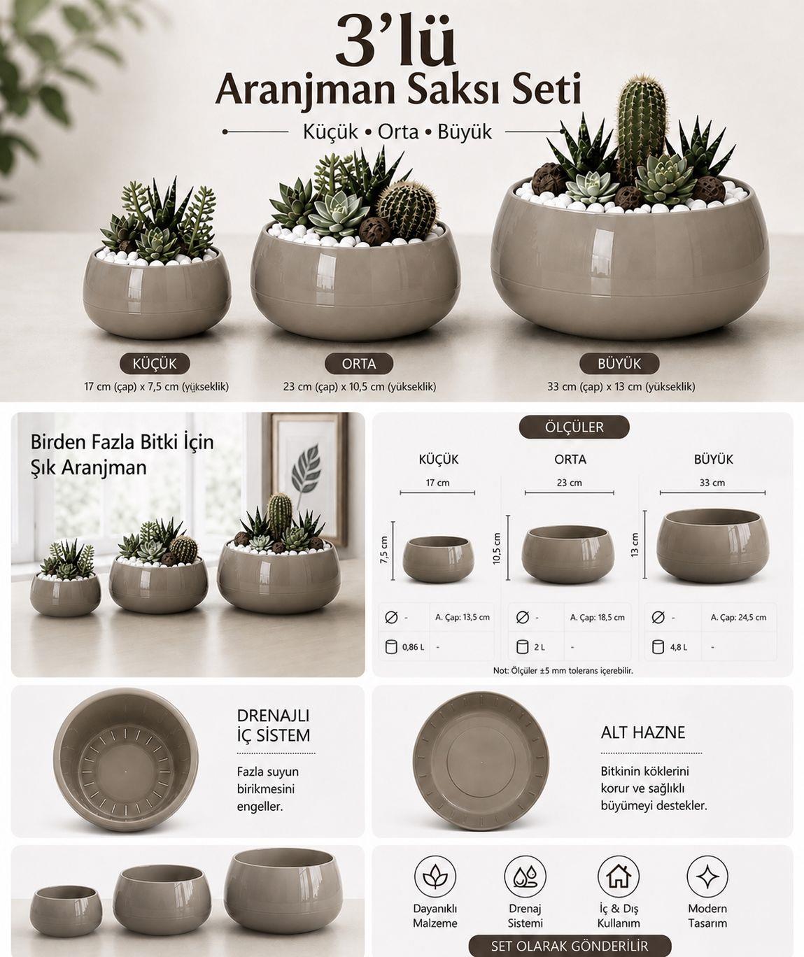 Plastik Aranjman Saksı Seti 3 Boy