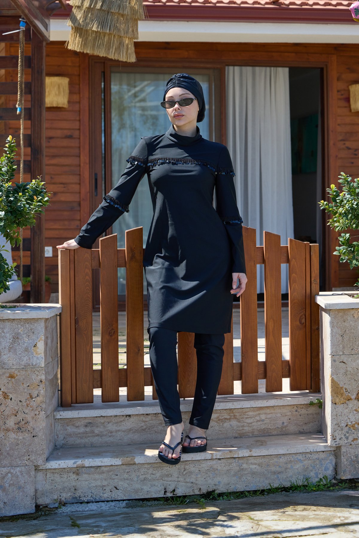 Belinda Boncuk Detaylı Siyah İkili Tasarım Tesettür Mayo | NS Tasarim