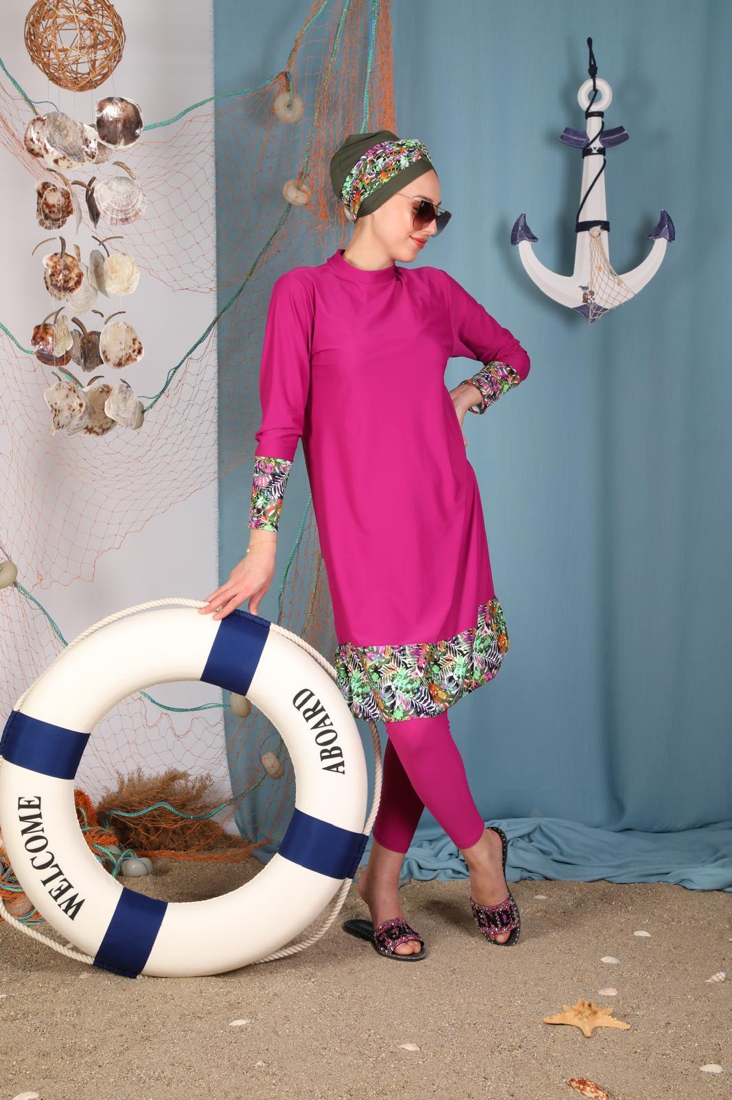 Flower Desen Fuşya Tasarım Tesettür Mayo Takım | Markasız