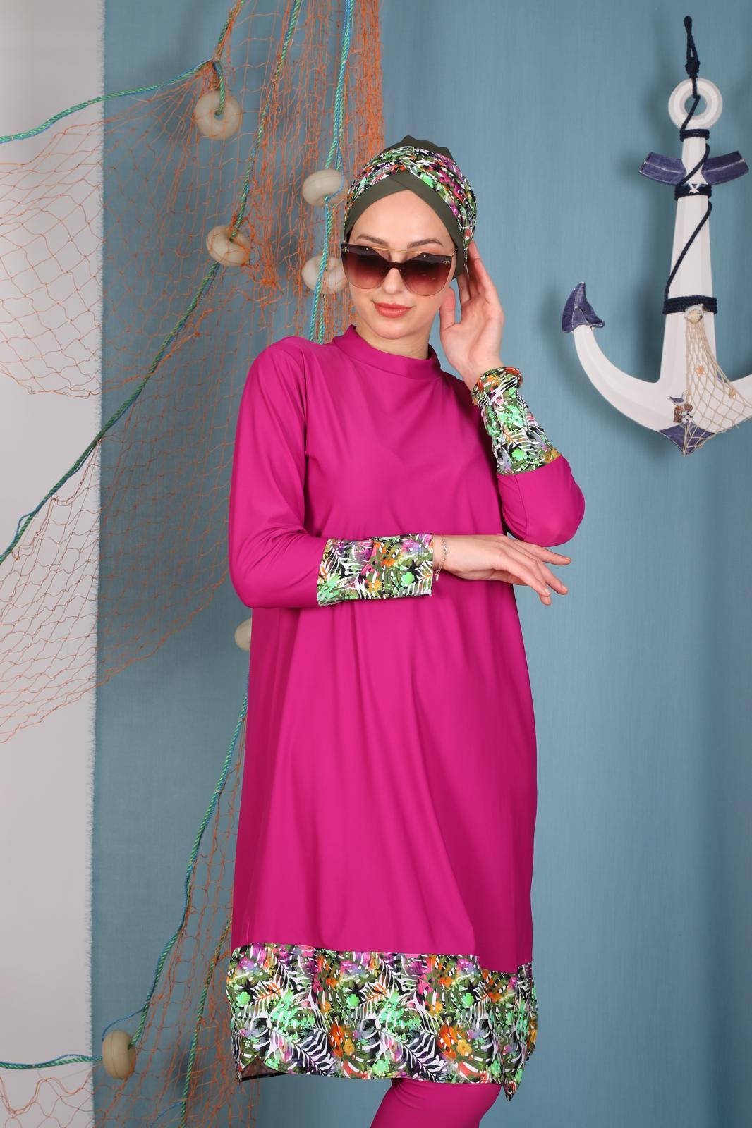 Flower Desen Fuşya Tasarım Tesettür Mayo Takım | Markasız