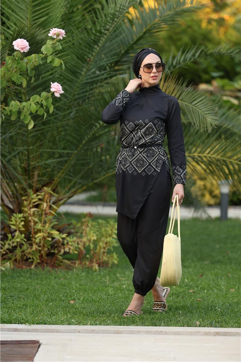 Liva Desen Allerli Tasarım Tesettür Tulum Mayo | NS Tasarim