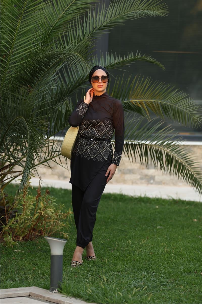 Liva Desen Allerli Tasarım Tesettür Tulum Mayo | NS Tasarim