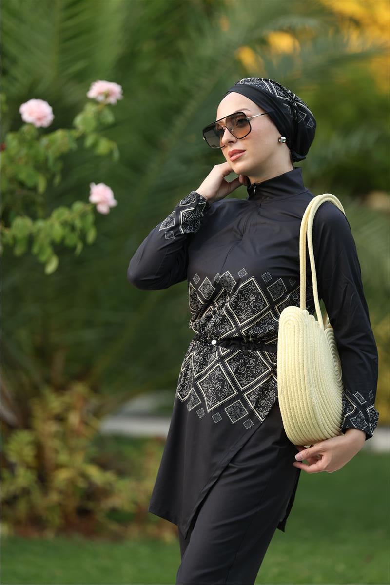 Liva Desen Allerli Tasarım Tesettür Tulum Mayo | NS Tasarim