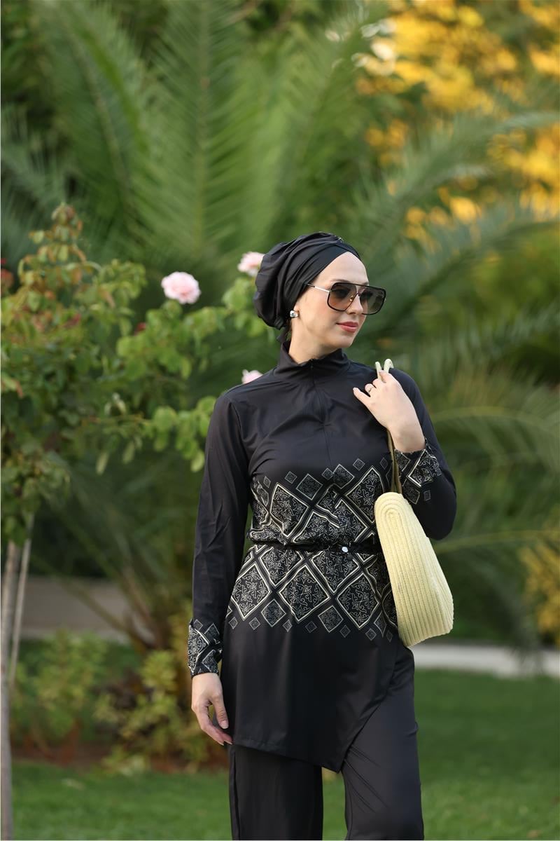 Liva Desen Allerli Tasarım Tesettür Tulum Mayo | NS Tasarim