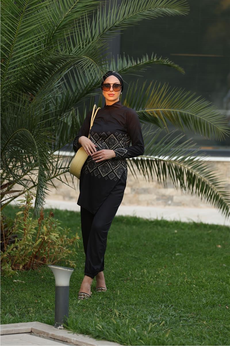 Liva Desen Allerli Tasarım Tesettür Tulum Mayo | NS Tasarim