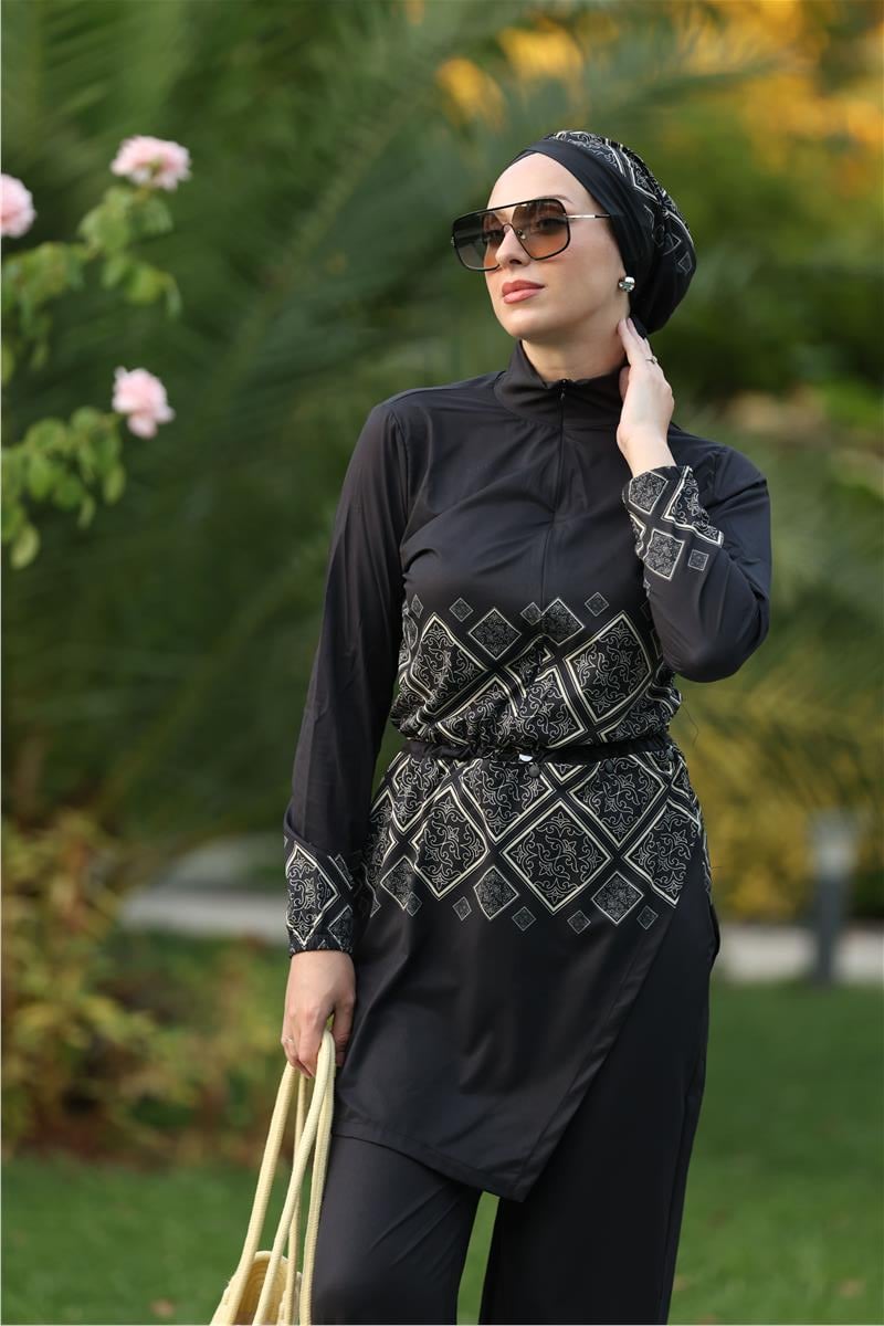 Liva Desen Allerli Tasarım Tesettür Tulum Mayo | NS Tasarim