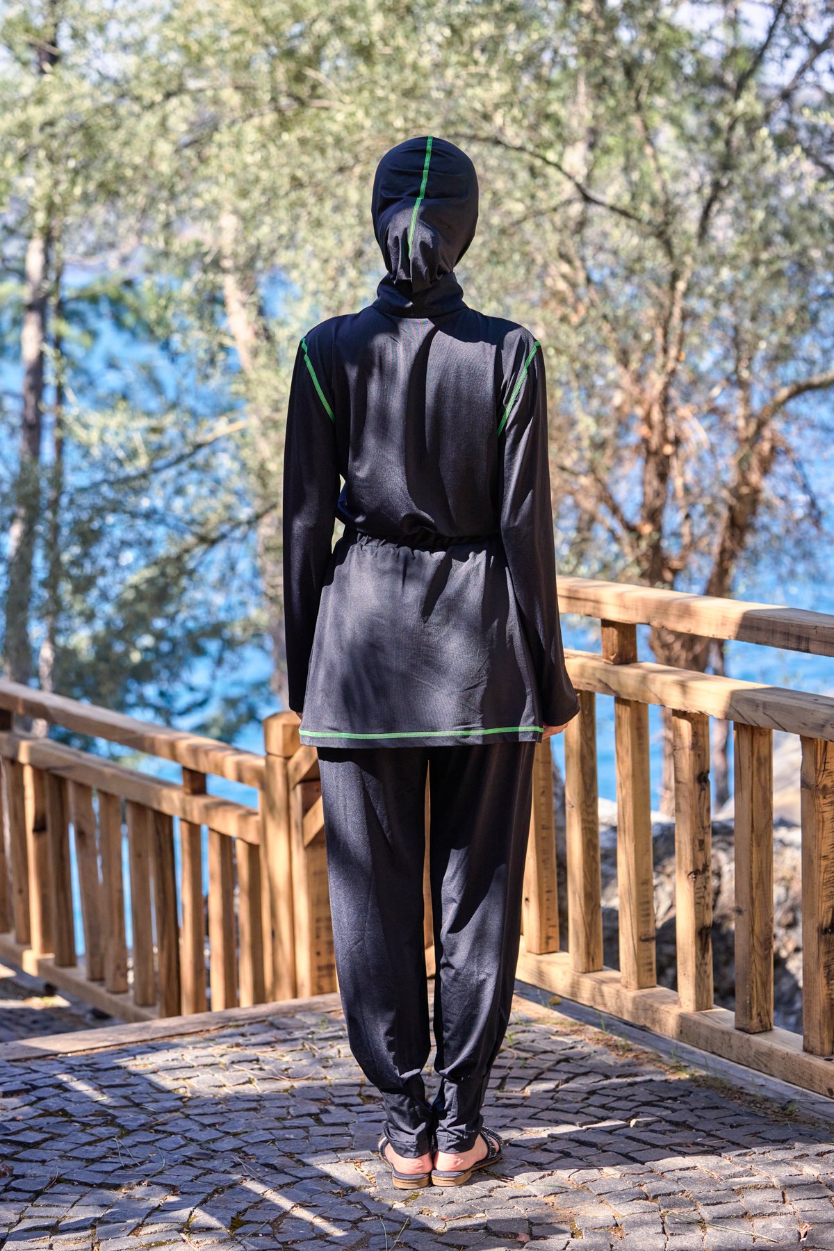 Lycralı Modüler Etekli Sarı Şeritli Tasarım Tesettür Tulum Mayo | Markasız