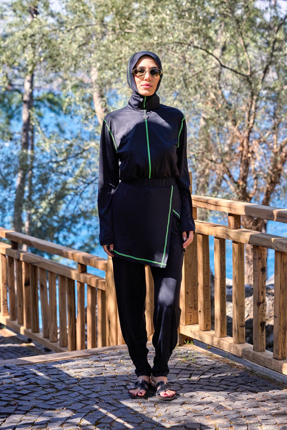 Lycralı Modüler Etekli Sarı Şeritli Tasarım Tesettür Tulum Mayo | Markasız