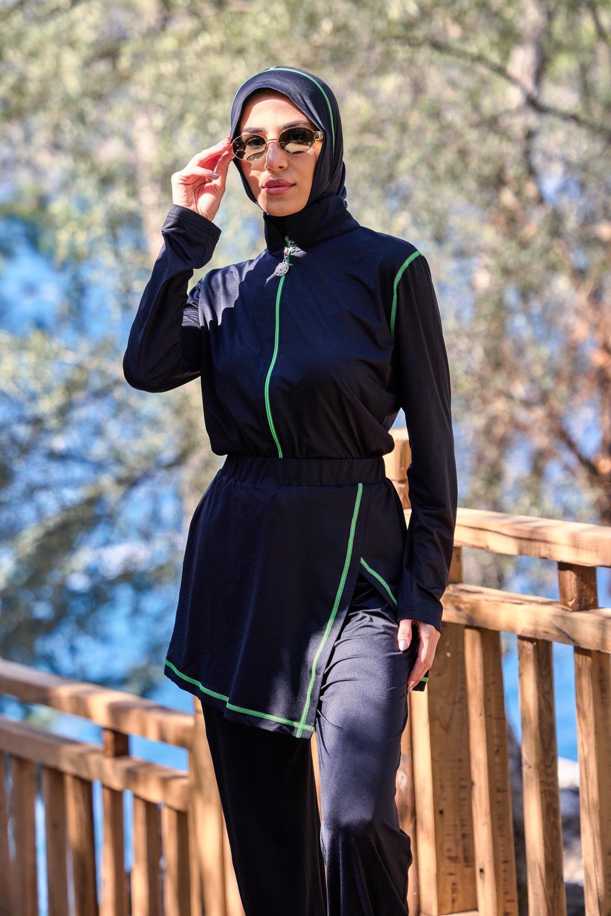 Lycralı Modüler Etekli Sarı Şeritli Tasarım Tesettür Tulum Mayo | Markasız