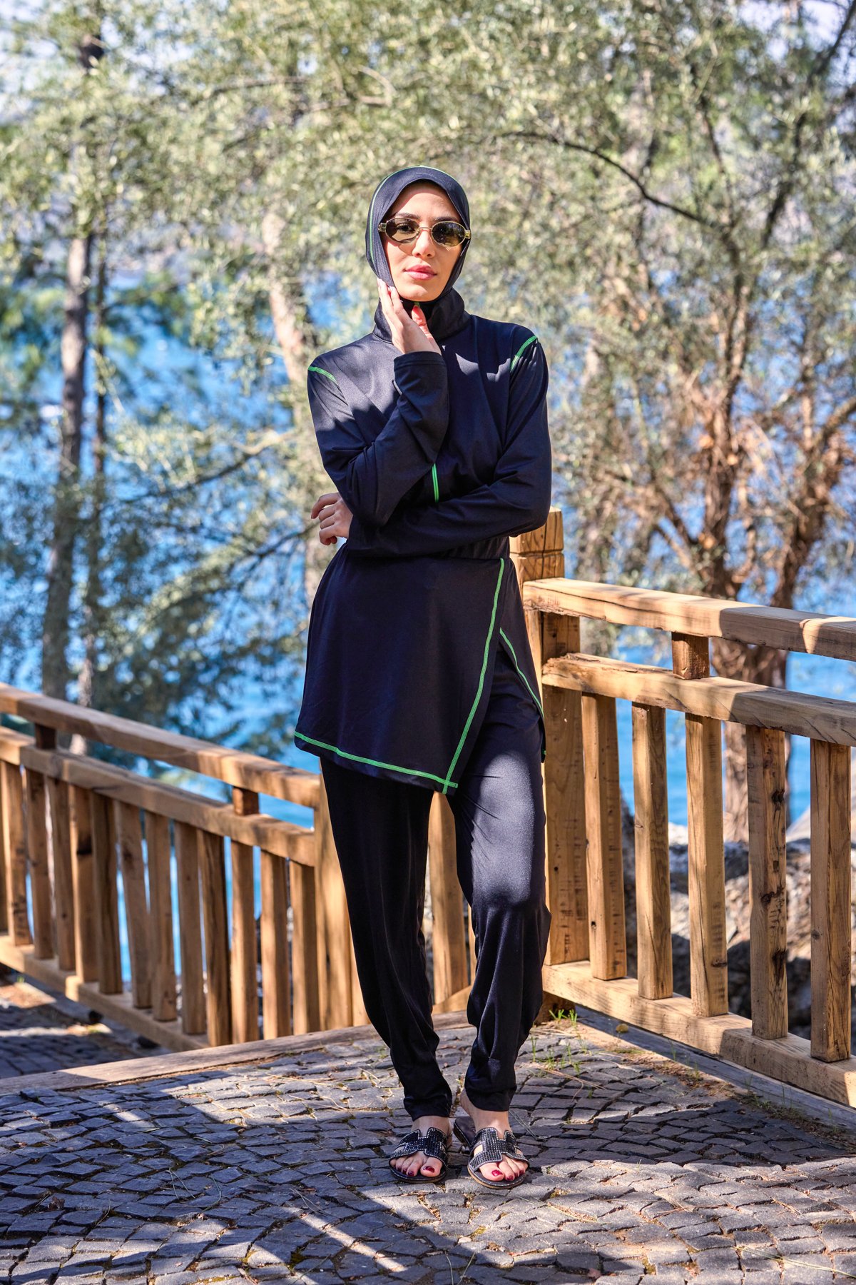 Lycralı Modüler Etekli Sarı Şeritli Tasarım Tesettür Tulum Mayo | Markasız