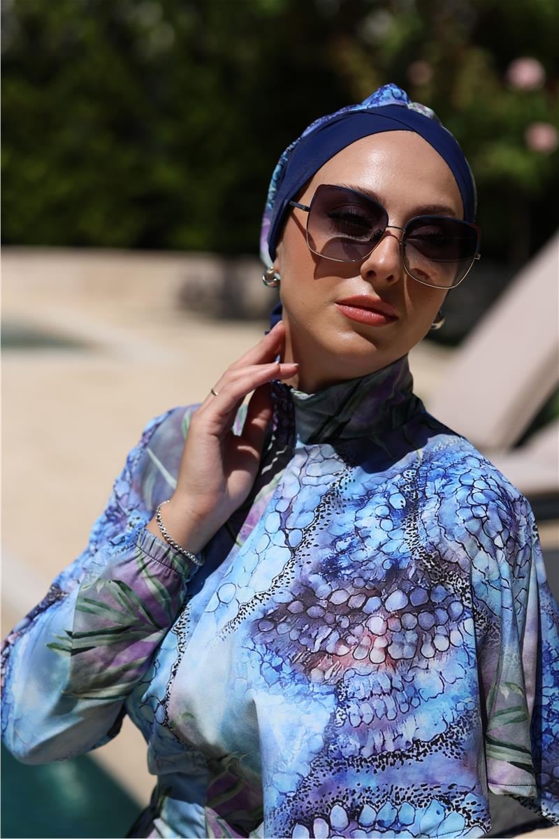 Pelerin Model Blue Garden Desen Tasarım Tesettür Tulum Mayo | NS Tasarim