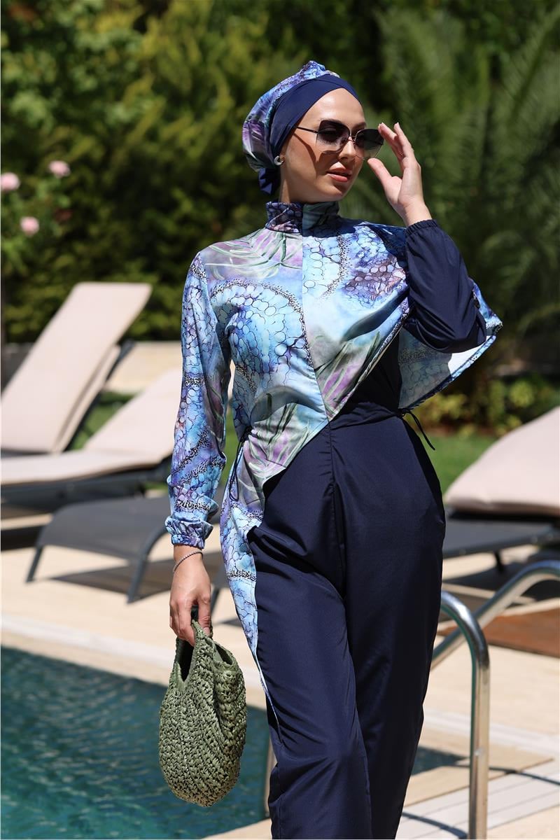 Pelerin Model Blue Garden Desen Tasarım Tesettür Tulum Mayo | NS Tasarim