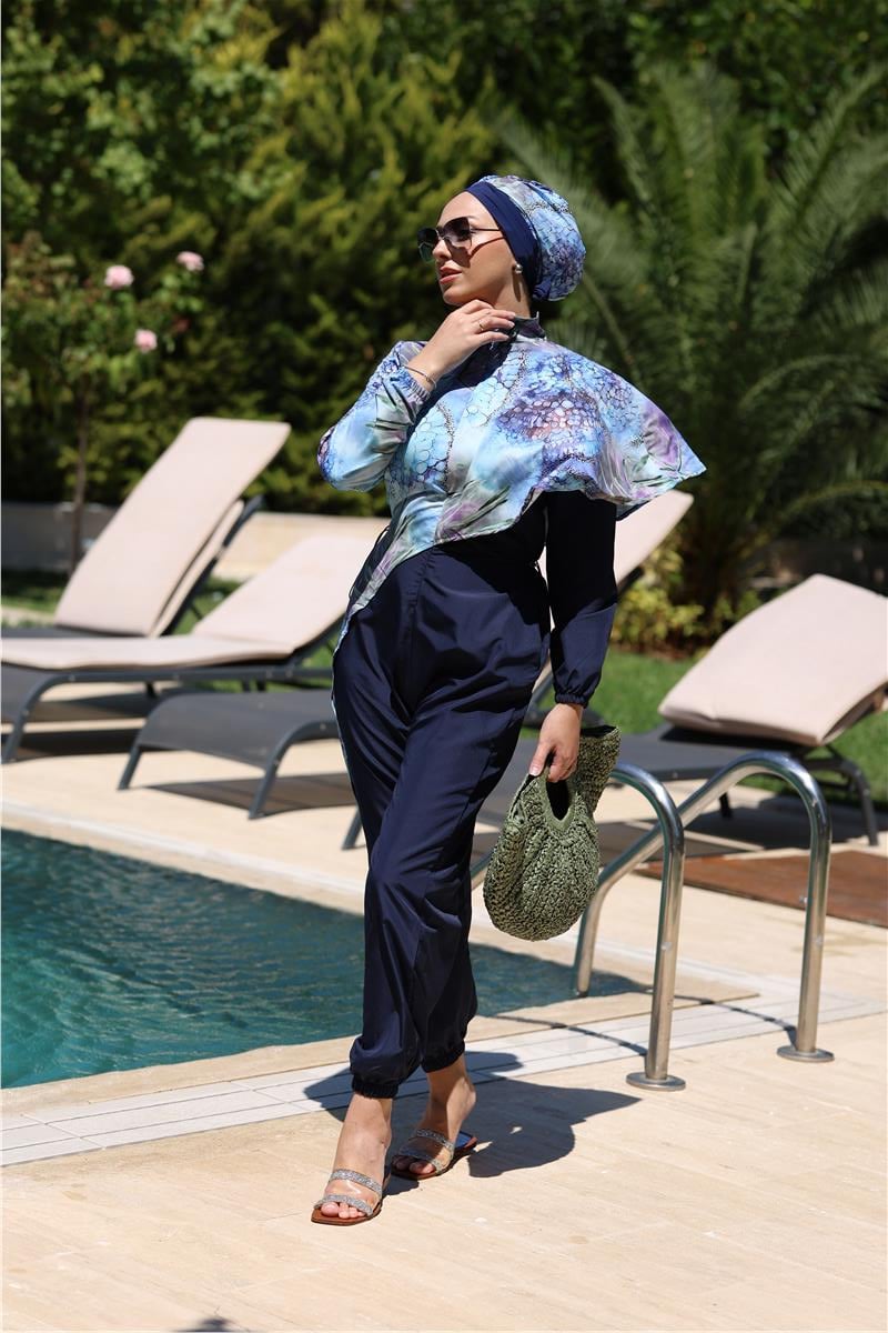 Pelerin Model Blue Garden Desen Tasarım Tesettür Tulum Mayo | NS Tasarim