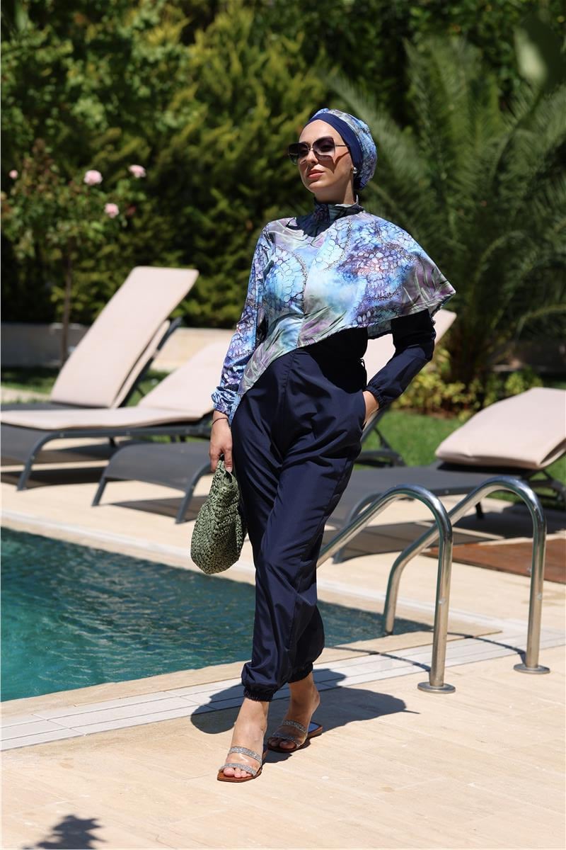 Pelerin Model Blue Garden Desen Tasarım Tesettür Tulum Mayo | NS Tasarim