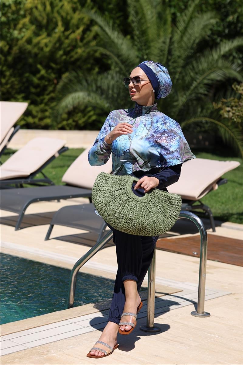 Pelerin Model Blue Garden Desen Tasarım Tesettür Tulum Mayo | NS Tasarim