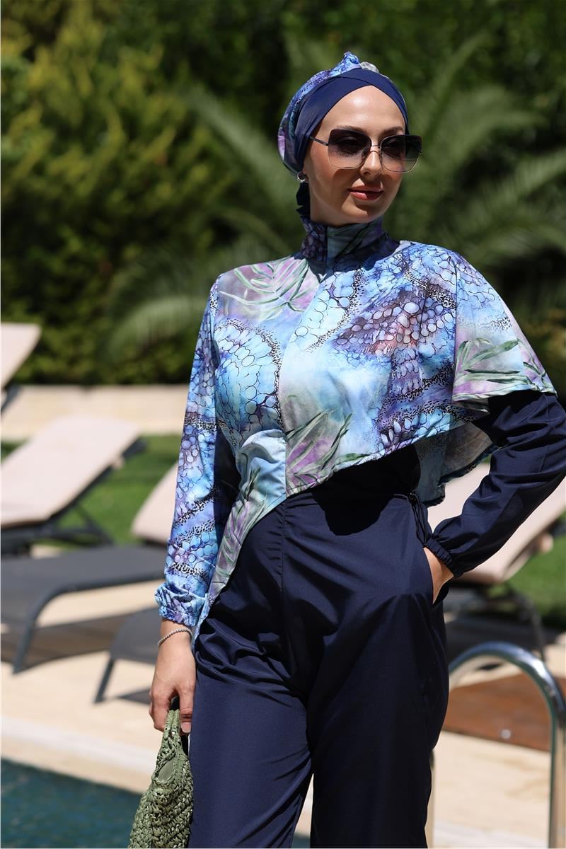 Pelerin Model Blue Garden Desen Tasarım Tesettür Tulum Mayo | NS Tasarim