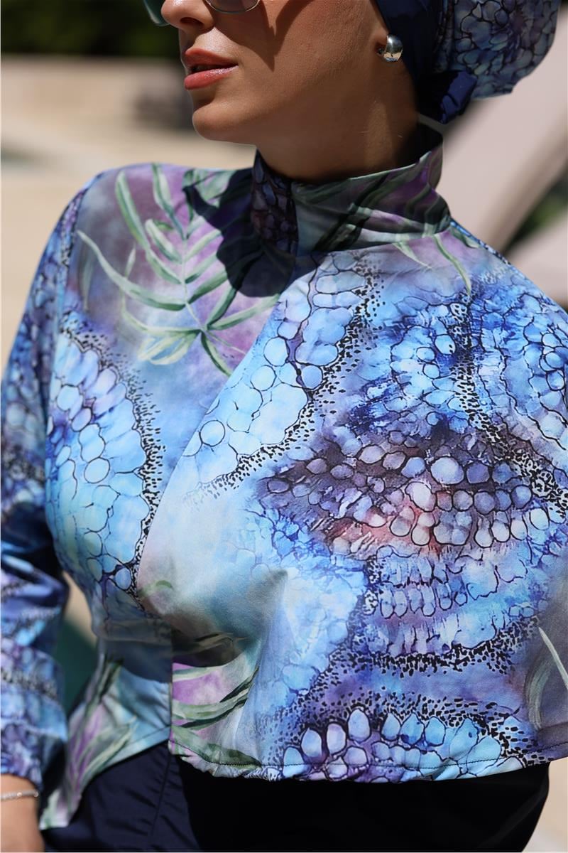 Pelerin Model Blue Garden Desen Tasarım Tesettür Tulum Mayo | NS Tasarim