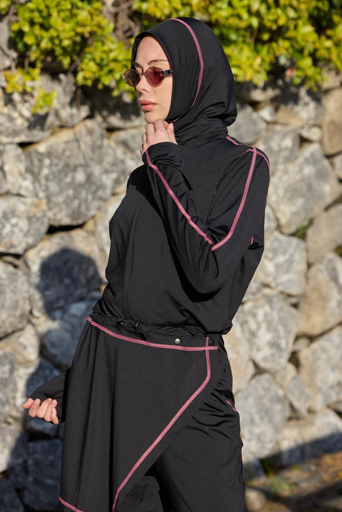 Pudra Şeritli Allerli Lycralı Tasarım Tesettür Tulum Mayo | Markasız