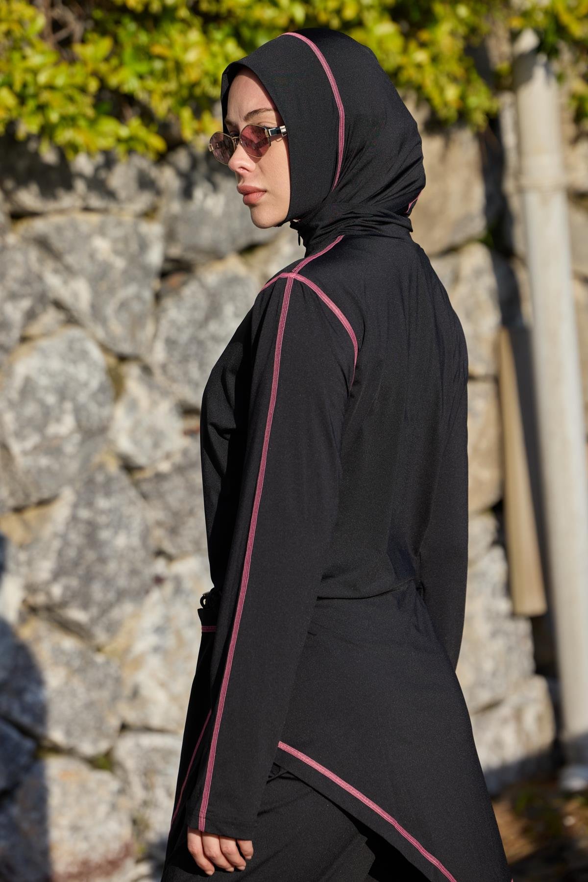 Pudra Şeritli Allerli Lycralı Tasarım Tesettür Tulum Mayo | Markasız