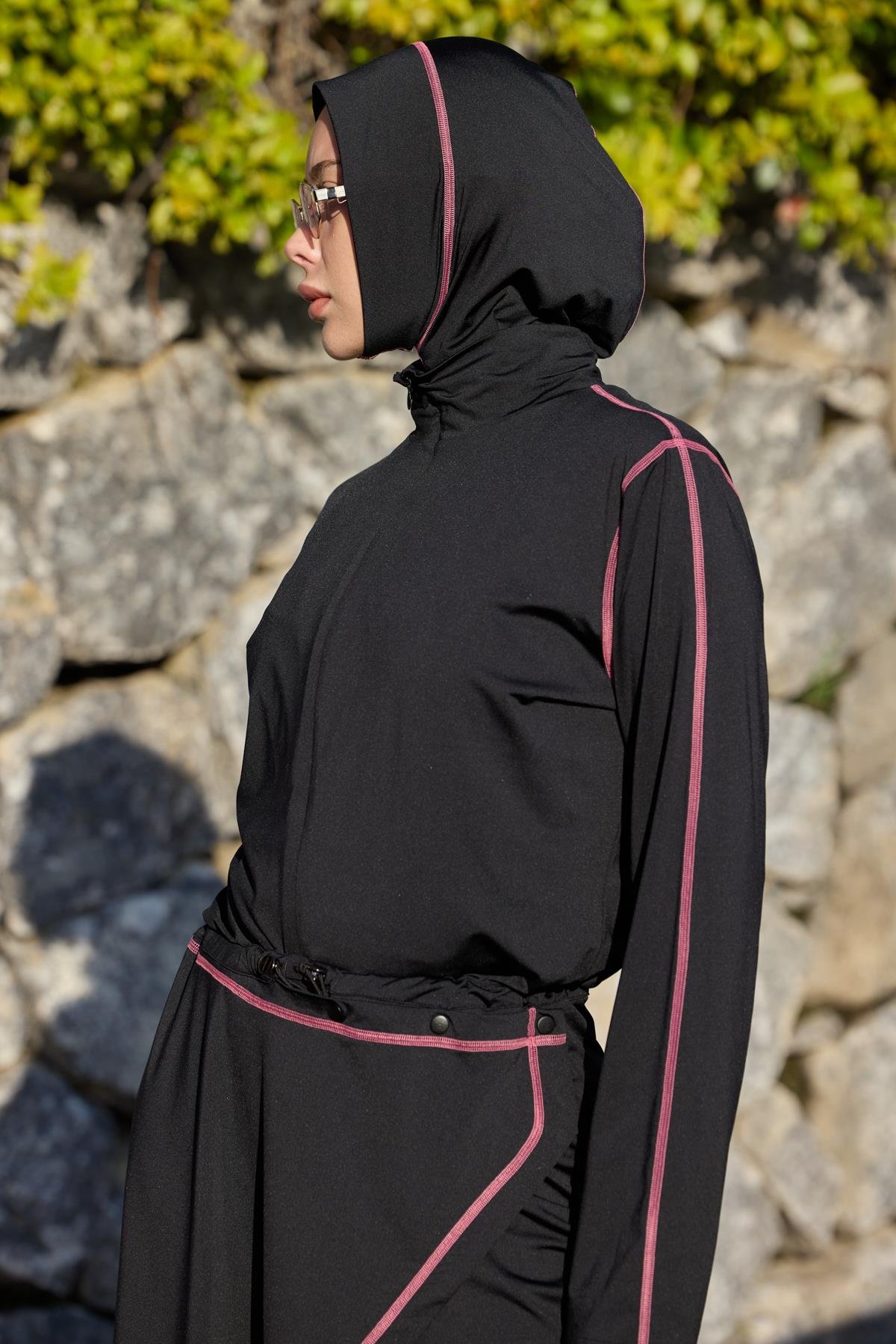 Pudra Şeritli Allerli Lycralı Tasarım Tesettür Tulum Mayo | Markasız