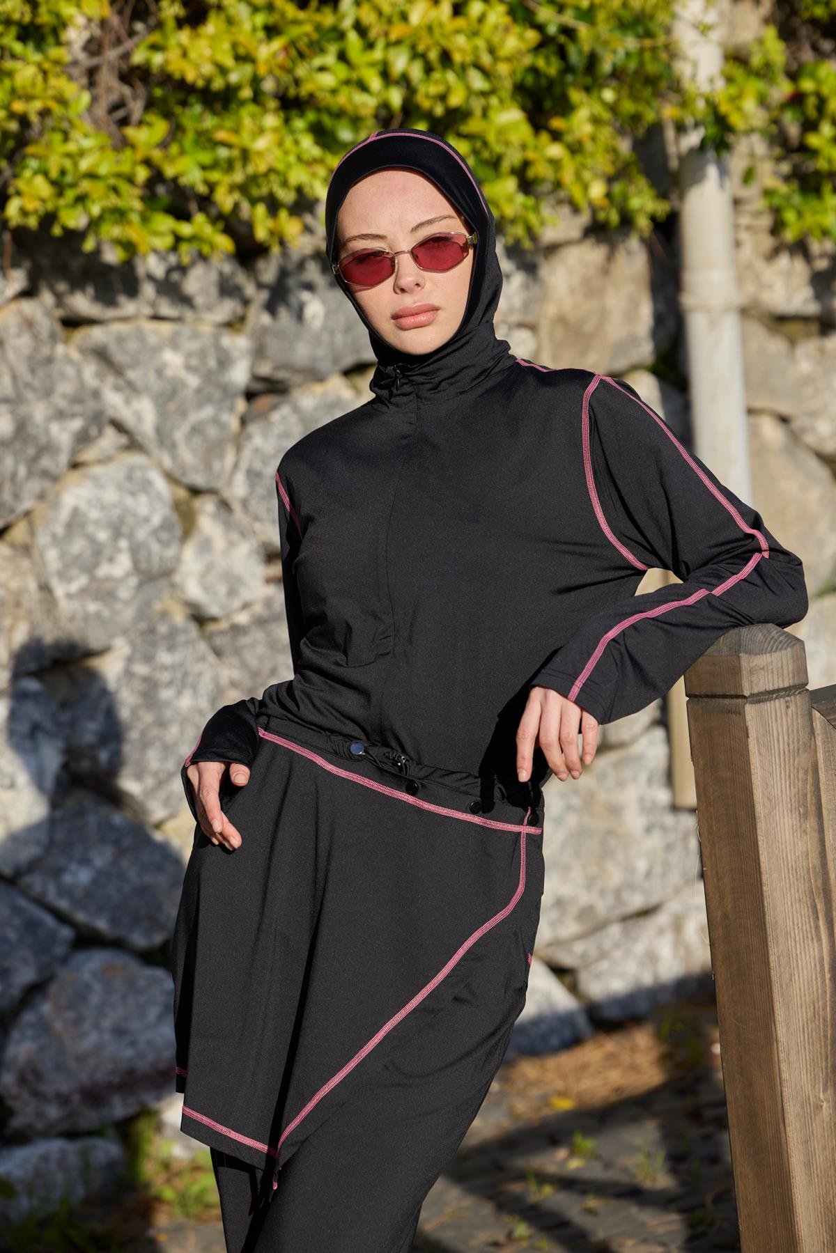 Pudra Şeritli Allerli Lycralı Tasarım Tesettür Tulum Mayo | Markasız