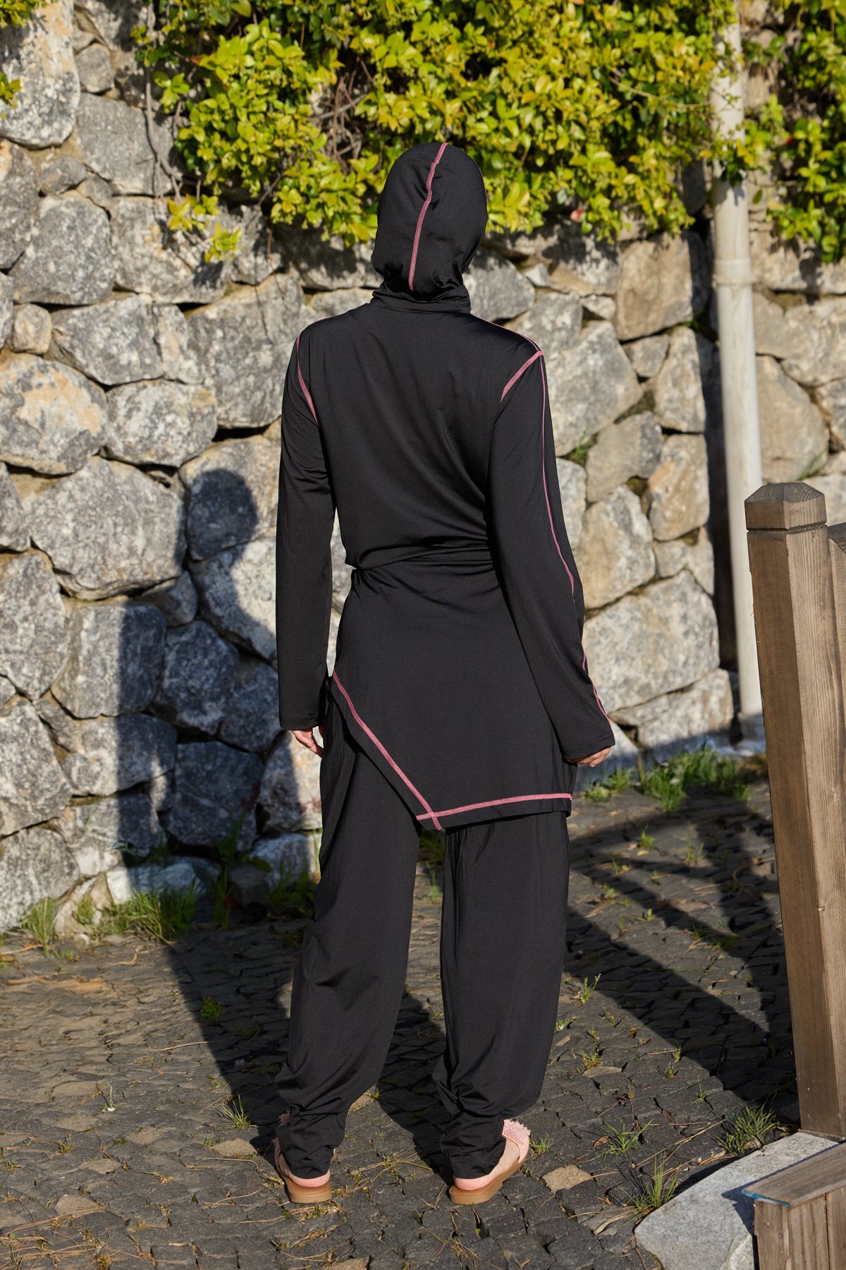 Pudra Şeritli Allerli Lycralı Tasarım Tesettür Tulum Mayo | Markasız