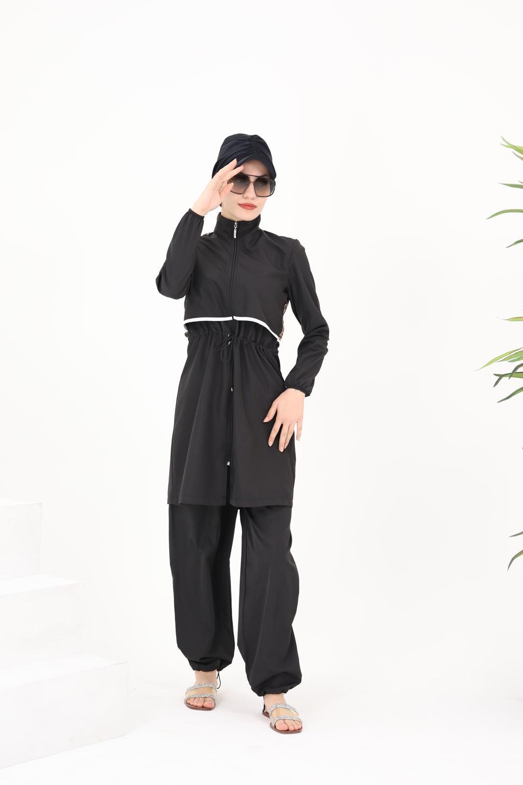 Sabrina Beyaz Şeritli Tasarım Tesettür Mayo Takım | NS Tasarim