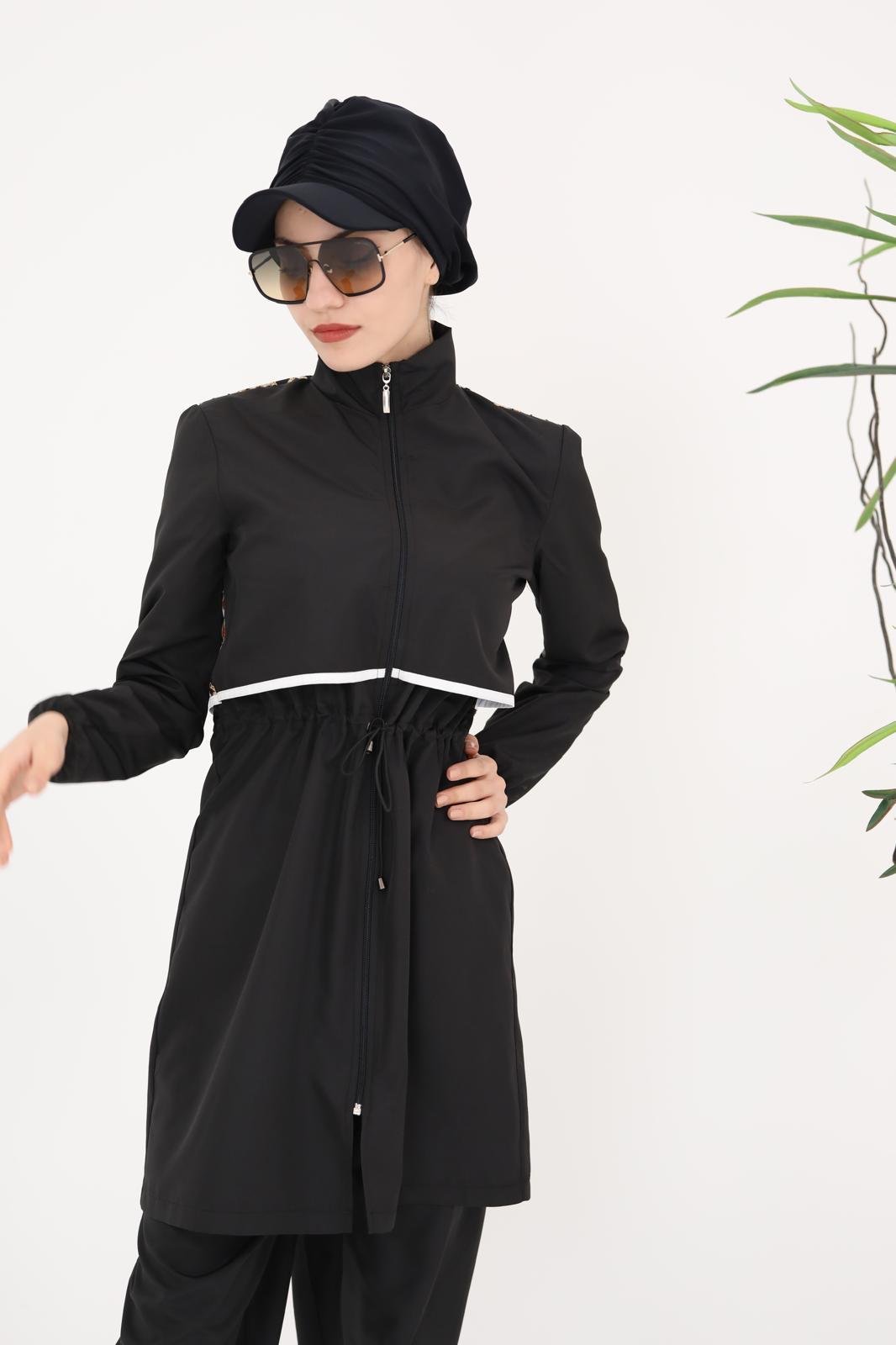 Sabrina Beyaz Şeritli Tasarım Tesettür Mayo Takım | NS Tasarim