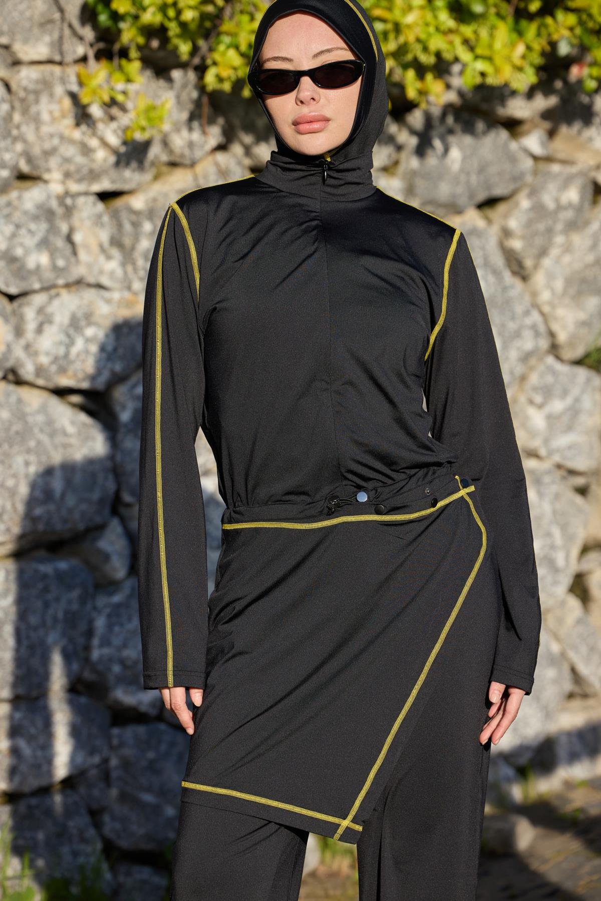 Sarı Şeritli Allerli Lycralı Tasarım Tesettür Tulum Mayo | Markasız