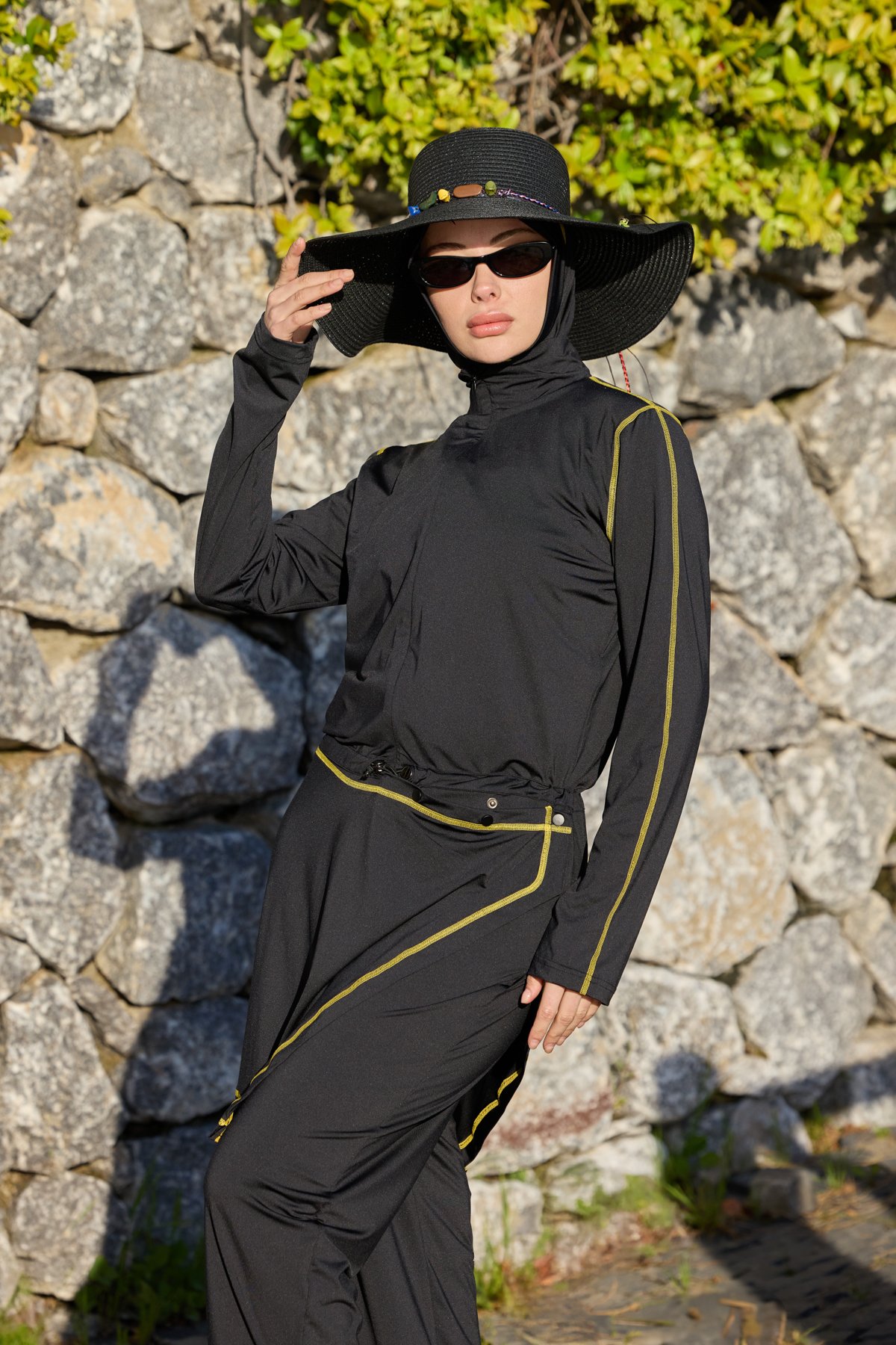 Sarı Şeritli Allerli Lycralı Tasarım Tesettür Tulum Mayo | Markasız