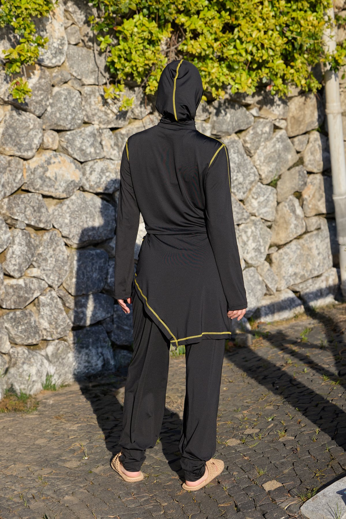 Sarı Şeritli Allerli Lycralı Tasarım Tesettür Tulum Mayo | Markasız