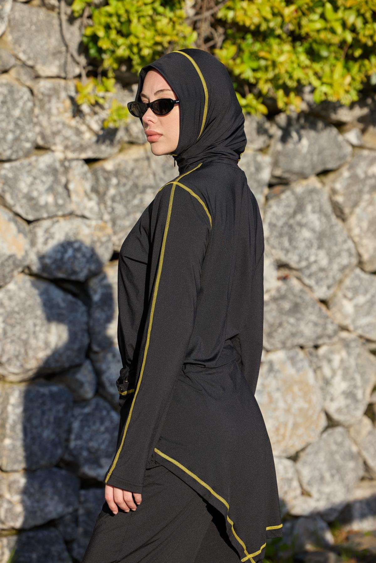 Sarı Şeritli Allerli Lycralı Tasarım Tesettür Tulum Mayo | Markasız