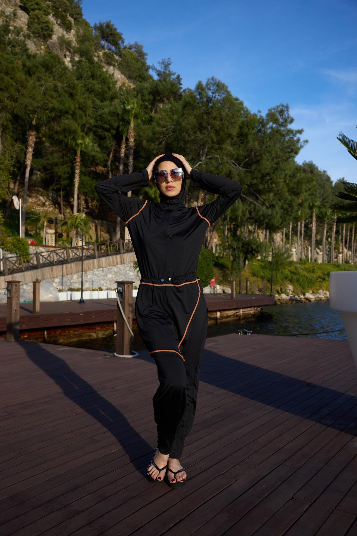 Turuncu Şeritli Allerli Lycralı Tasarım Tesettür Tulum Mayo | Markasız