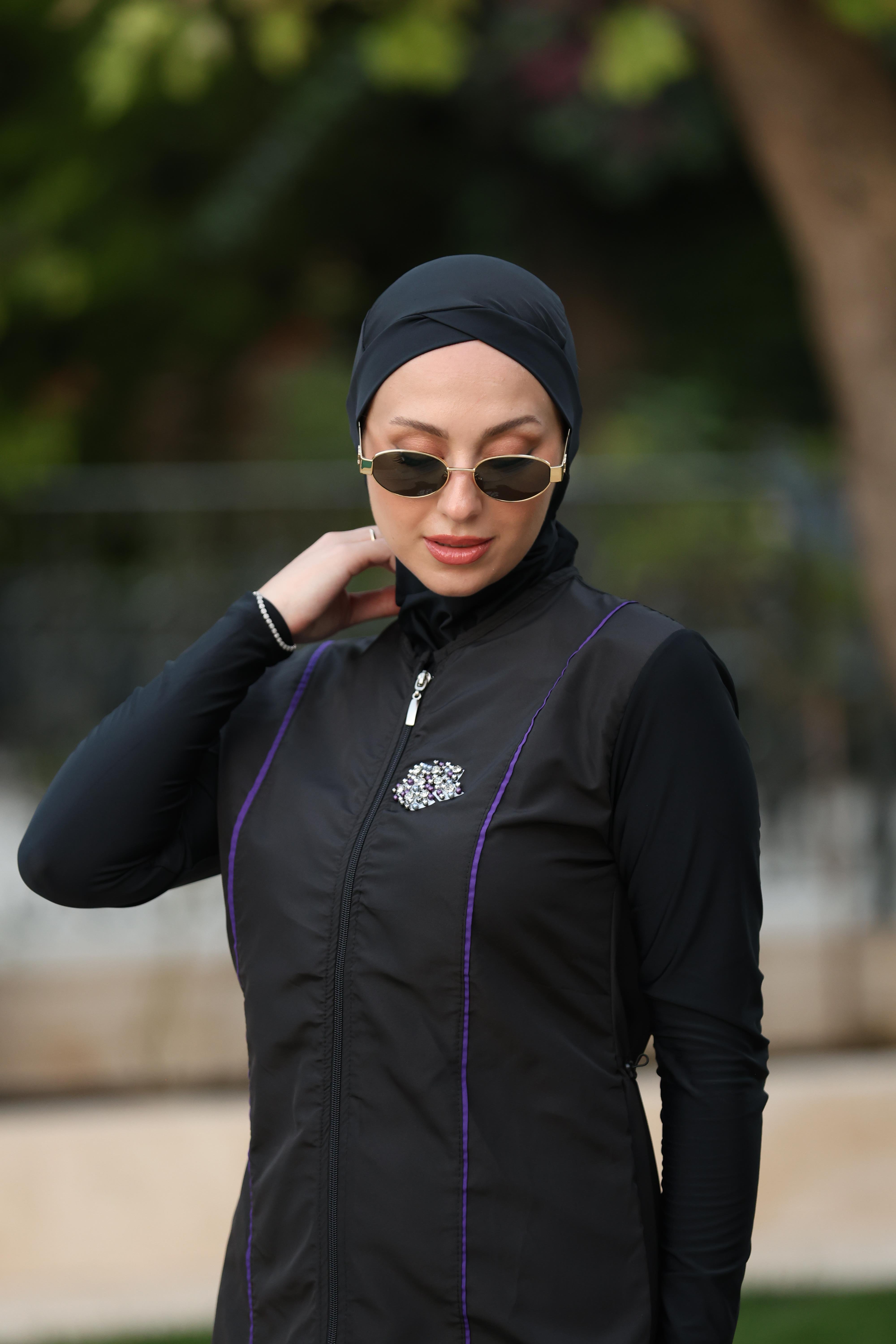 Vera Model Mor Şeritli Taş Detaylı Tasarım Tesettür İkili Mayo Takım | NS Tasarim