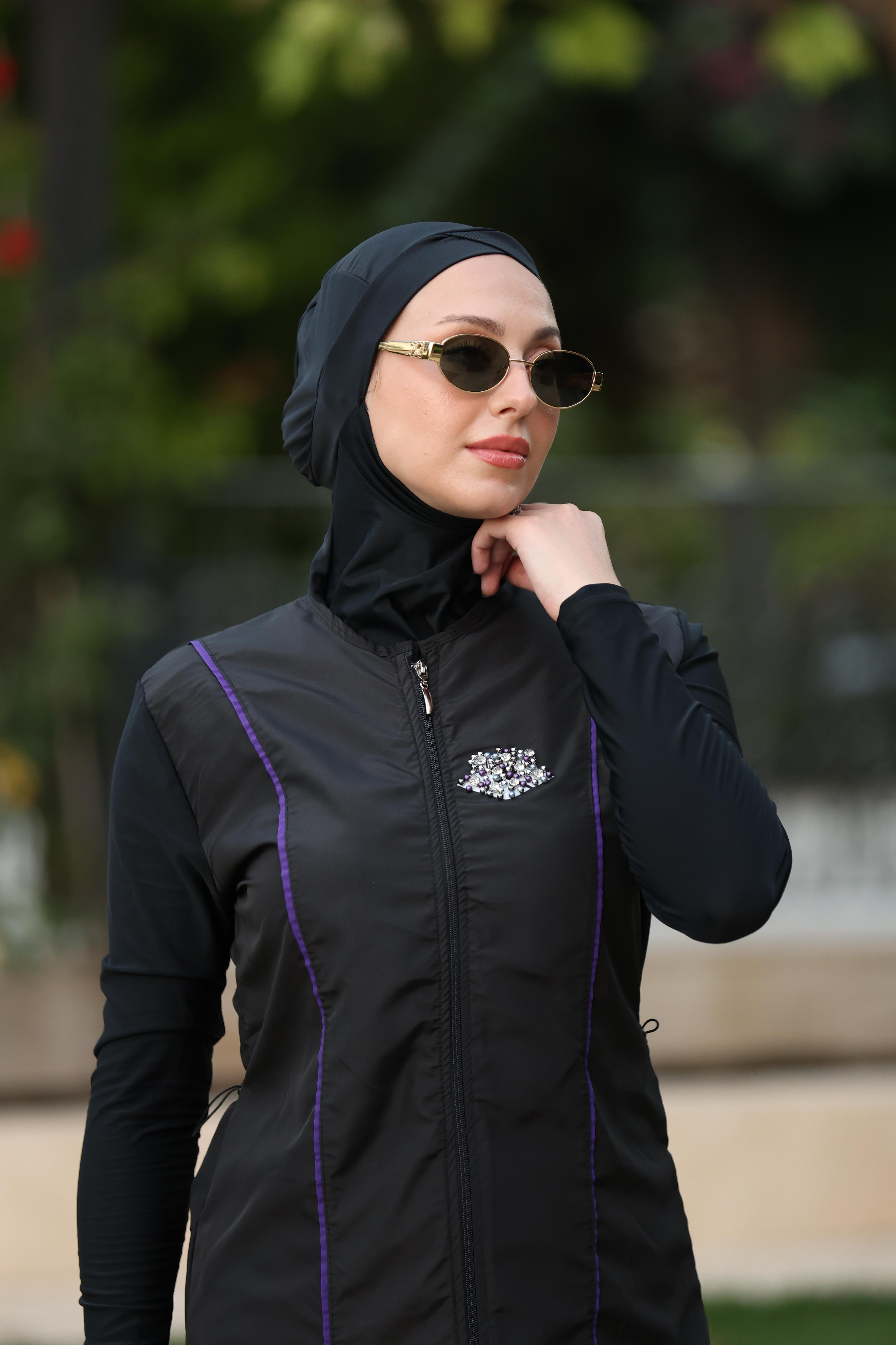 Vera Model Mor Şeritli Taş Detaylı Tasarım Tesettür İkili Mayo Takım | NS Tasarim