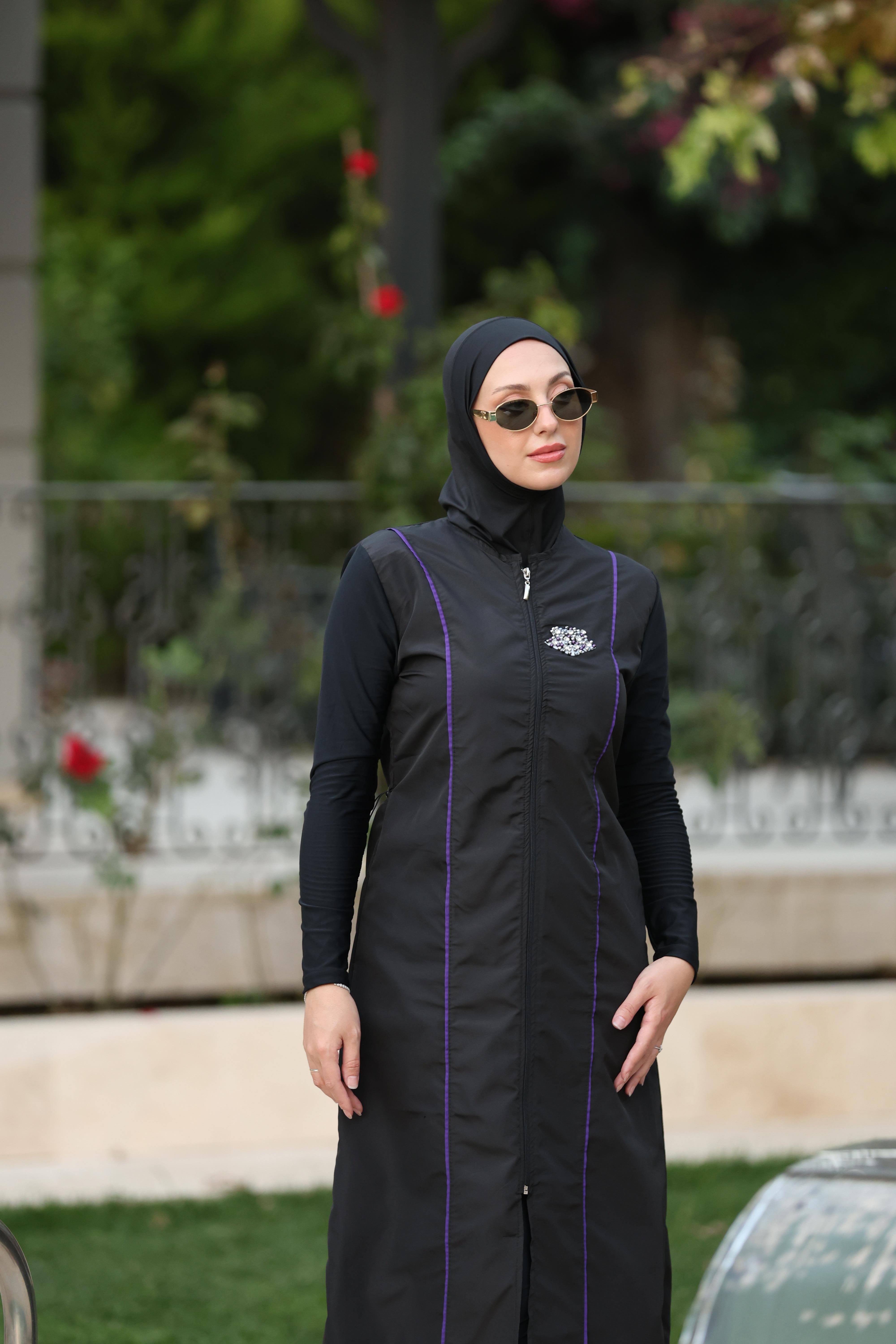 Vera Model Mor Şeritli Taş Detaylı Tasarım Tesettür İkili Mayo Takım | NS Tasarim