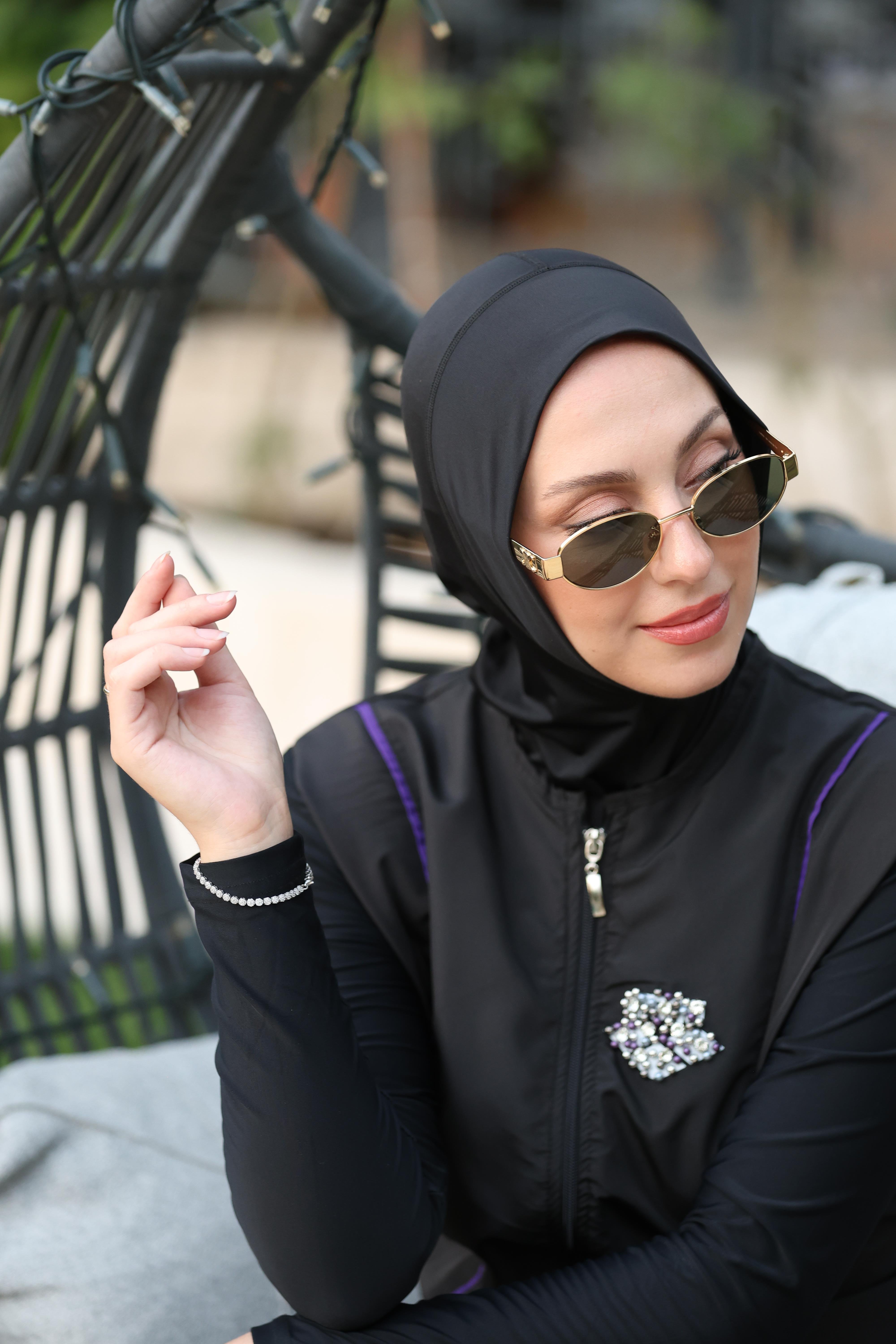 Vera Model Mor Şeritli Taş Detaylı Tasarım Tesettür İkili Mayo Takım | NS Tasarim