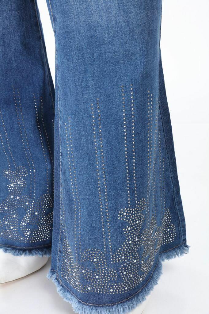 Etcbutik Yüksek bel full Likralı yüksek kalite yırtık ve taş detay paça püskül mavi İspanyol paça kot pantolon IST.JN.004