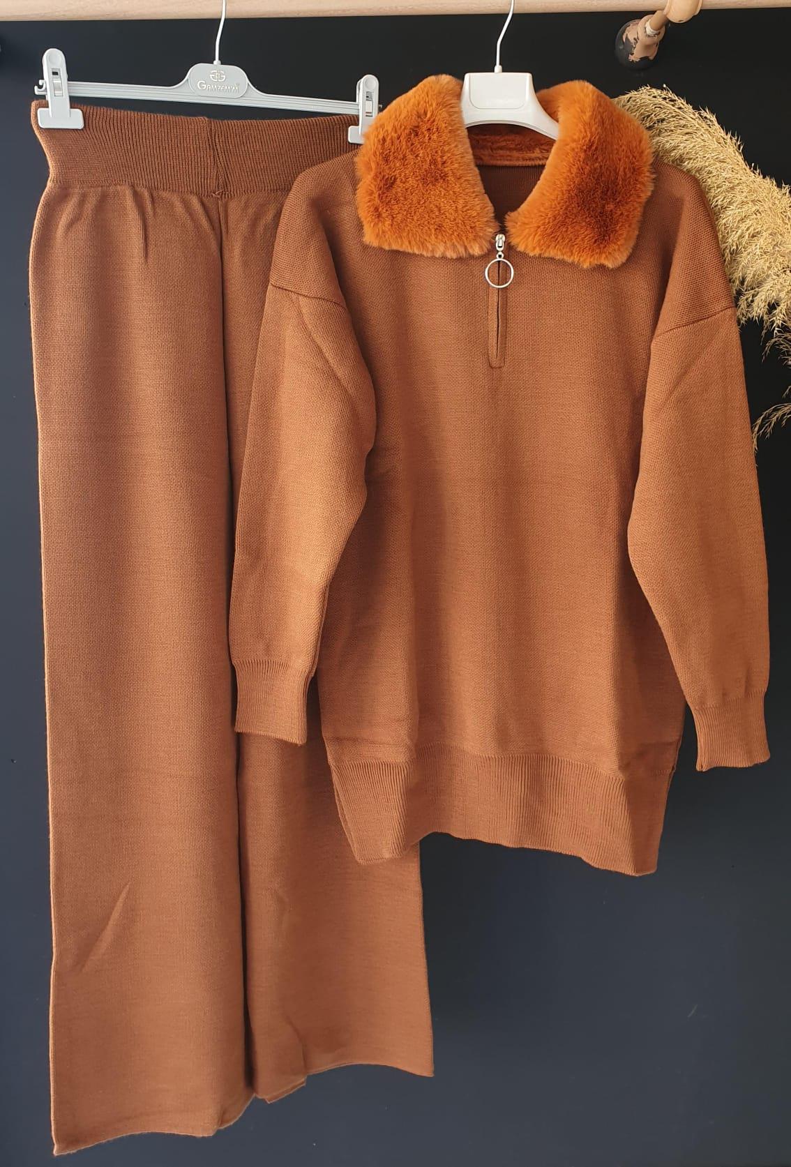 SUDENAZ KARAMEL YAKA KÜRKLÜ TAKIM 1059