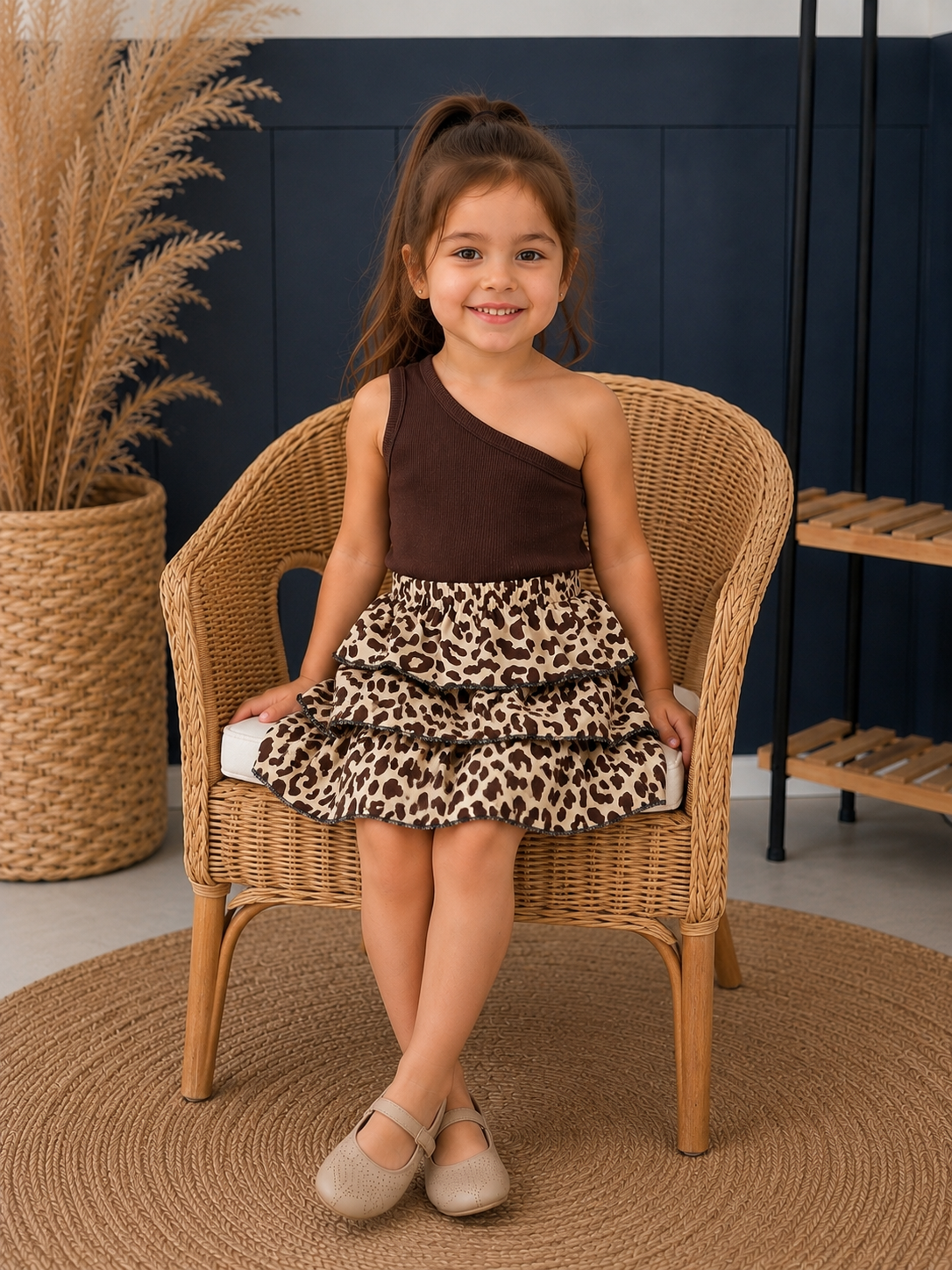 Kız Çocuk Bebek Leopar Desenli Kat Kat Etek ve Kahverengi Tek Omuzlu Fitilli Crop Top Takımı Yazlık Şık ve Rahat İkili Kombin Çocuk ve Bebek Giyim