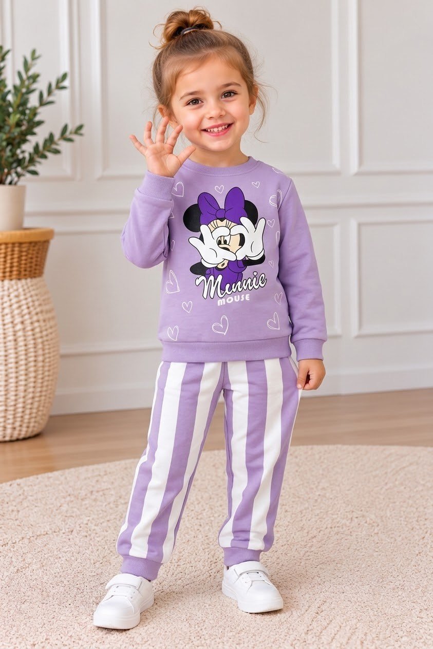 Kız Çocuk Lila Minnie Mouse Desenli Çizgili Pantolonlu 3 İplik İçi Şardonlı Sweatshirt Eşofman Takımı