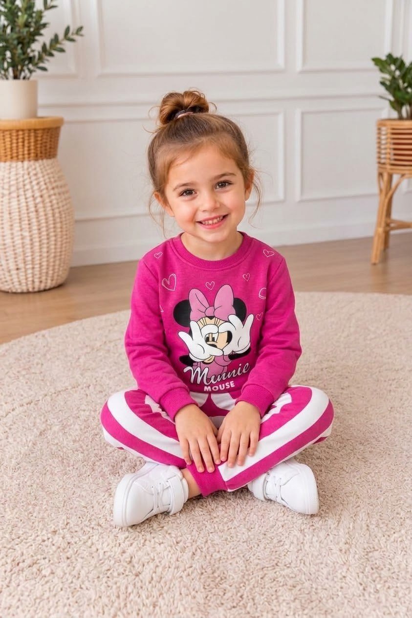 Kız Çocuk Minnie Mouse Baskılı Fuşya Pembe 3 İplik Şardonlu Çizgili Eşofman Takımı