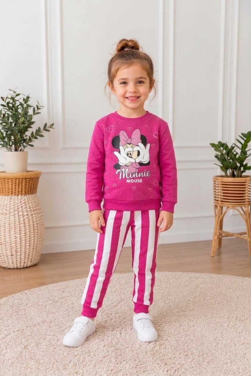 Kız Çocuk Minnie Mouse Baskılı Fuşya Pembe 3 İplik Şardonlu Çizgili Eşofman Takımı