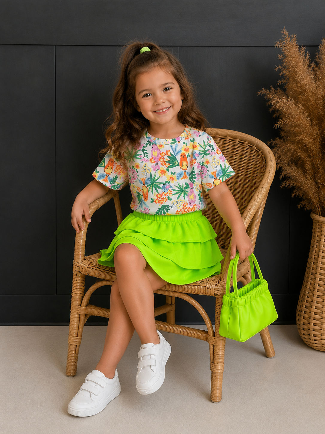 Kuş Desenli Tişört ve Neon Yeşil Etek Takımı