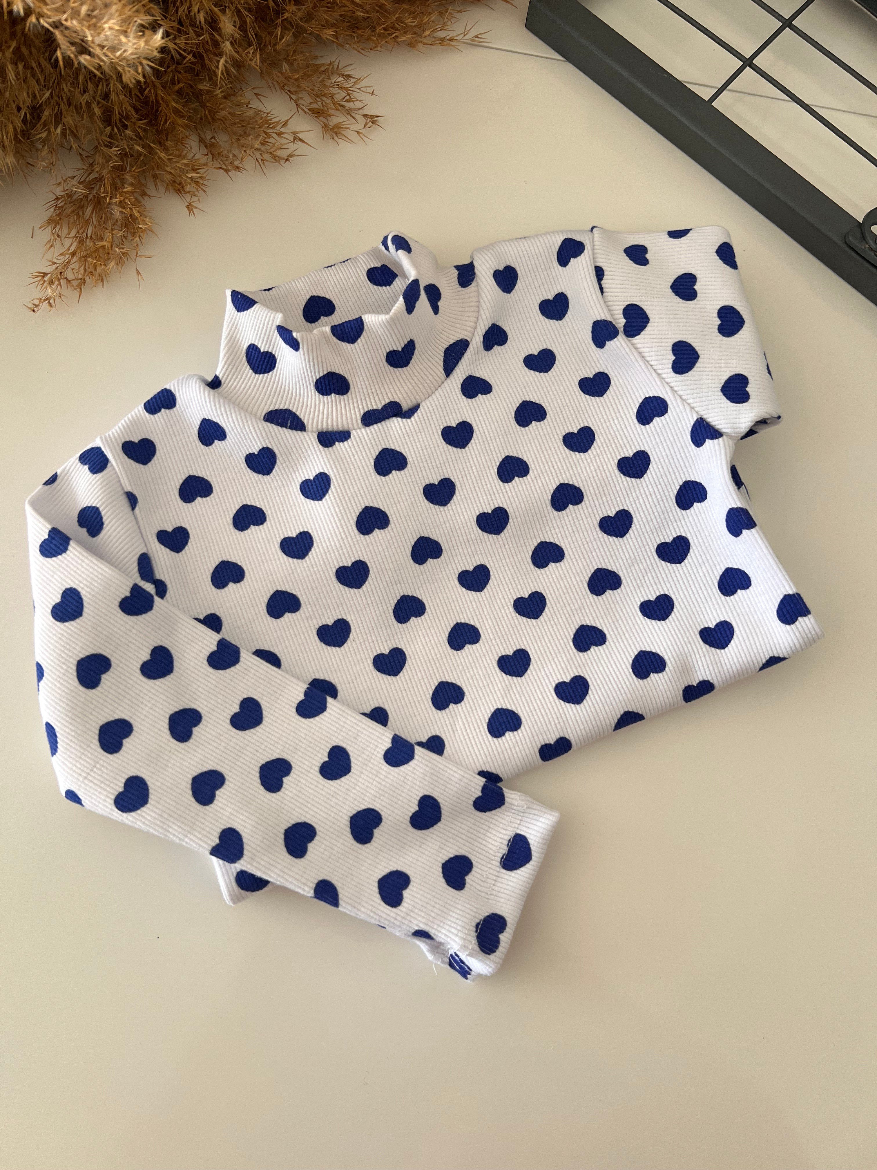 Lacivert Kalp Desenli Fitilli Yarım Balıkçı Çocuk Bluz