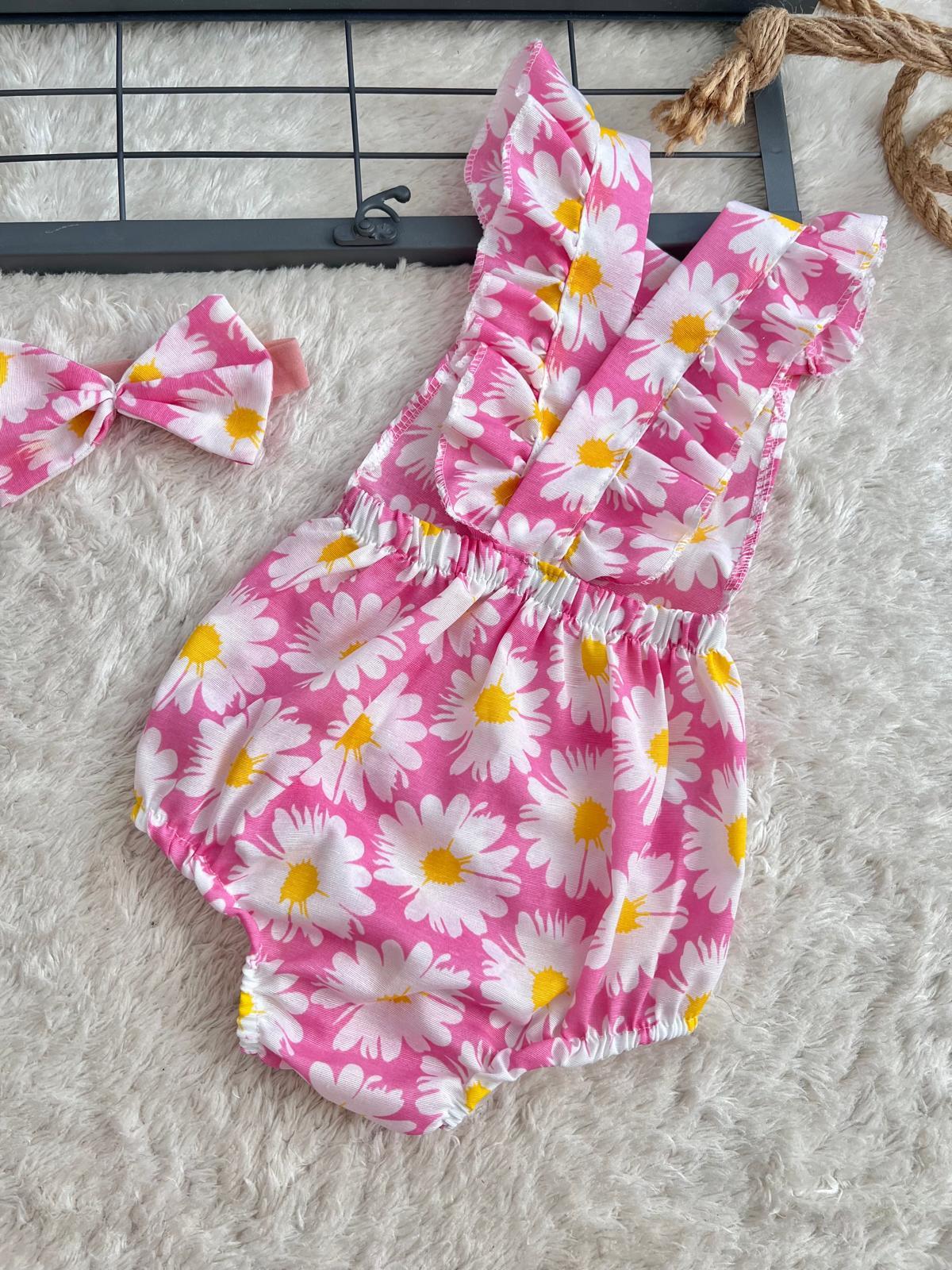 PEMBE ÇİÇEKLİ ROMPER VE BANDANA SETİ