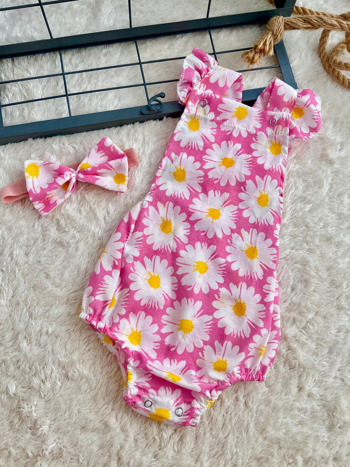 PEMBE ÇİÇEKLİ ROMPER VE BANDANA SETİ