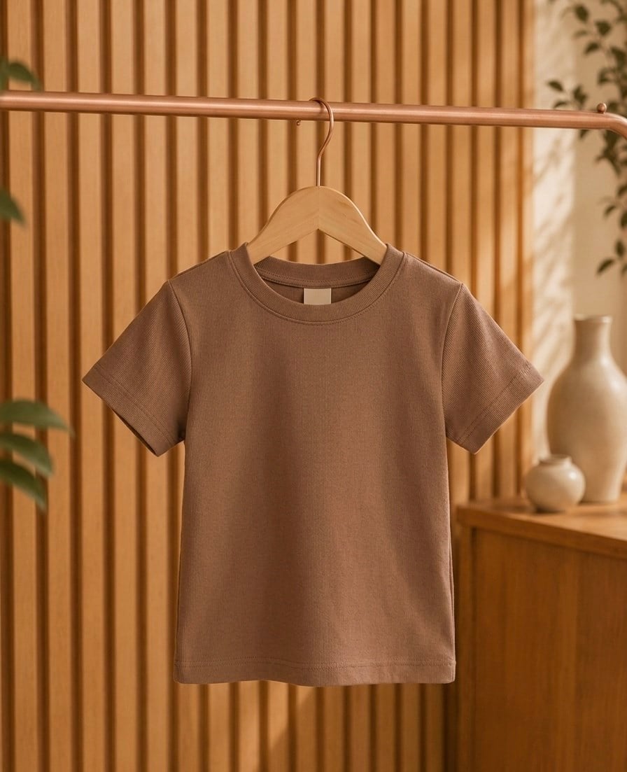 Premium Kahverengi Unisex Çocuk Tişört – Bisiklet Yaka, Yumuşak Pamuklu Dokulu, Günlük Rahat Kesim