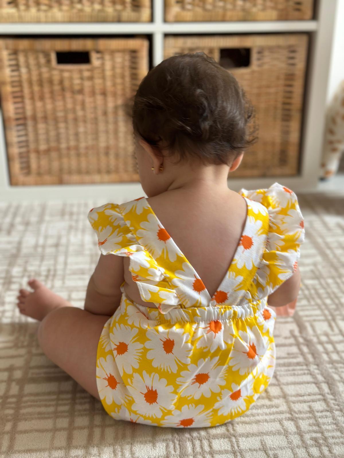 SARI ÇİÇEKLİ ROMPER VE BANDANA SETİ