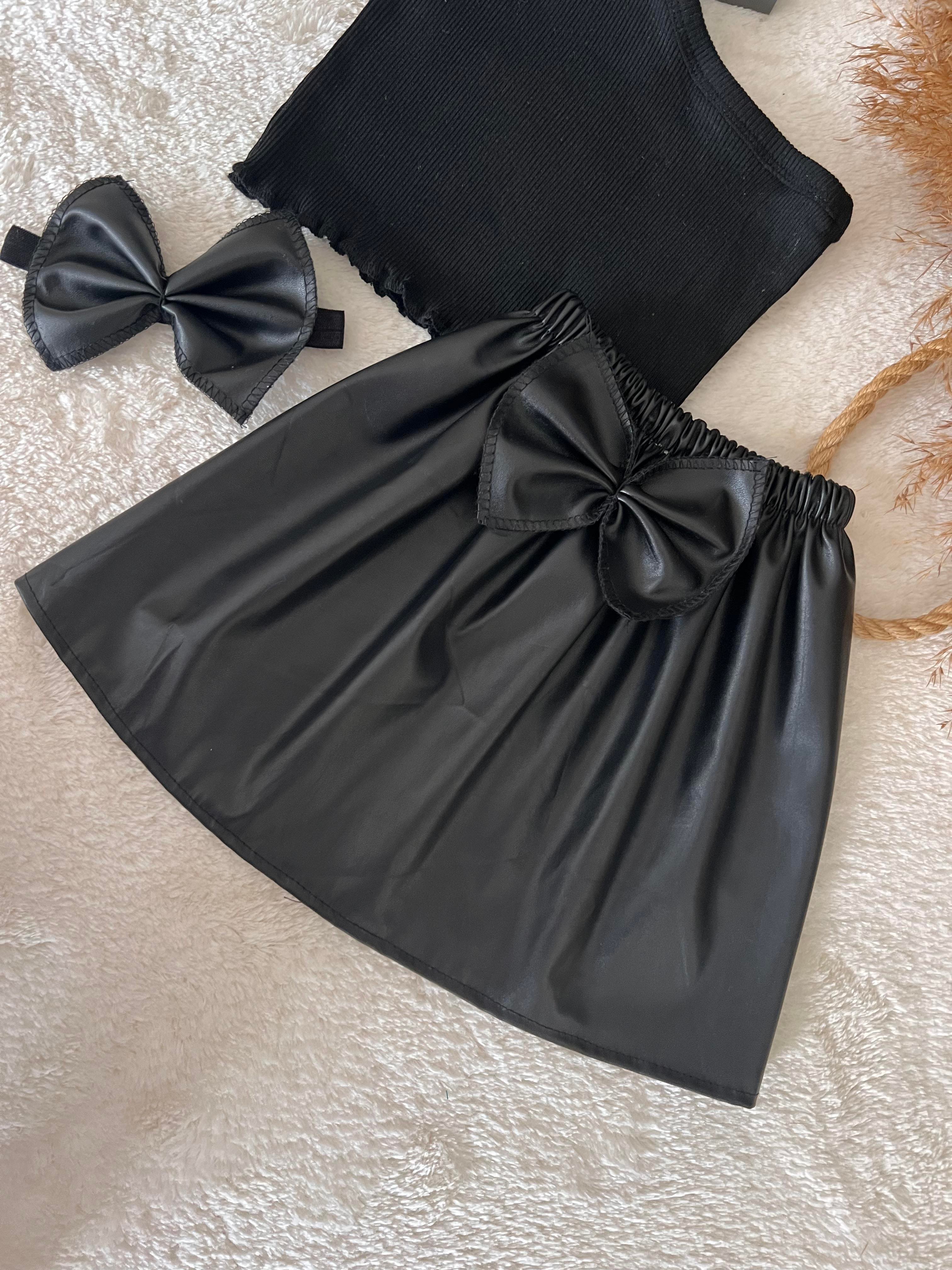 SiYAH DERi ETEK SiYAH CROP VE BANDANA SETi
